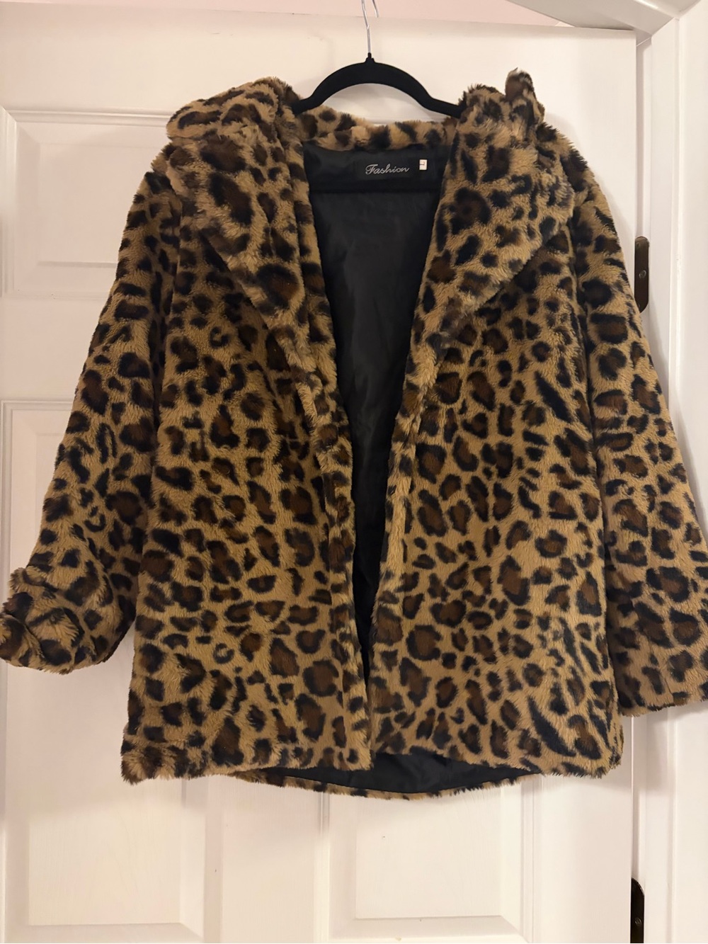 Faux Fur Leopard Hooded Coat - Brown